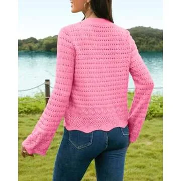 V FOR CITY Womens Cropped Cardigan Bell Sleeve Button Down Crochet Cardigans Scallop Trim Shrug Sweater Pink Small