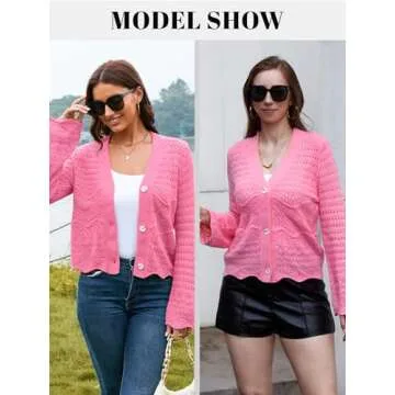 V FOR CITY Womens Cropped Cardigan Bell Sleeve Button Down Crochet Cardigans Scallop Trim Shrug Sweater Pink Small