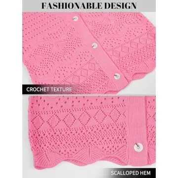 V FOR CITY Womens Cropped Cardigan Bell Sleeve Button Down Crochet Cardigans Scallop Trim Shrug Sweater Pink Small