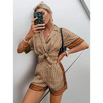 OYOANGLE Boho 2-Piece Outfit Batwing Sleeve Blouse Paperbag Shorts