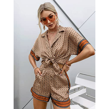 OYOANGLE Boho 2-Piece Outfit Batwing Sleeve Blouse Paperbag Shorts