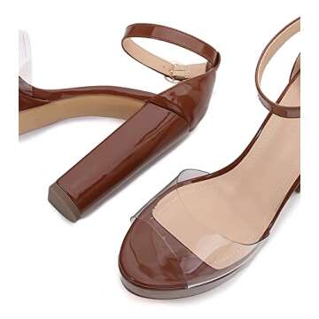 LizFoYa Women Clear Strap Heeled Sandals Chunky Heel Peep Toe Party Night Out Club Dress Platform Stiletto Shoes Brown 8