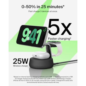 Belkin MagSafe Charger Compatible, 3-in-1 Charging Station, Qi2.2 25W with Cooling Fan (On/Off Contr...