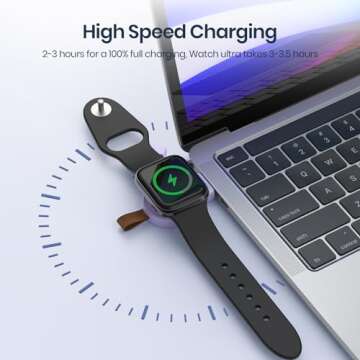NEWDERY Charger for Apple Watch Portable iWatch USB Wireless Charger, Travel Cordless Charger with Light Weight Magnetic Quick Charge for Apple Watch Ultra2/1 Series 10 9 8 7 6 5 4 3 2 1 SE, Purple