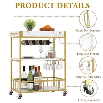 Fleecy day Bar Cart Gold,Bar Carts for The Home Mobile Bar Serving Cart, Drink Cart, Rolling Beverage Cart, Microwave Cart with Wine Rack and Glass Holder with Wheels and Metal Serving Trolley 34in