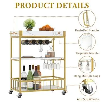 Fleecy day Bar Cart Gold,Bar Carts for The Home Mobile Bar Serving Cart, Drink Cart, Rolling Beverage Cart, Microwave Cart with Wine Rack and Glass Holder with Wheels and Metal Serving Trolley 34in