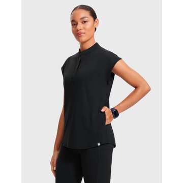 POPVIOLET Women’s Comfortable 4-Way Stretch Scrub Top - 2 Pockets, Black, X-Small
