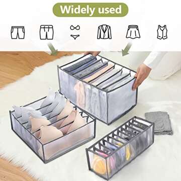 TOOVREN Wardrobe Clothes Organizer 7 Grids, Folded Clothes Organizer for Closet, Clothing Storage Bins,Washable Foldable Drawer Clothes Compartment Storage Box for Closet Bedroom Dorm Room (Gray,2PCS)