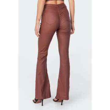 Kodaruber Women Faux Leather Flare Pants PU High Waisted Skinny Bell Bottoms Leggings Trendy Bootcut Pants with Slant Pocket(Light Brown,Small)