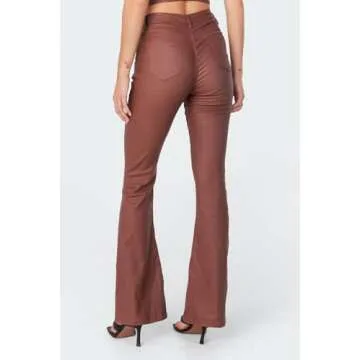 Kodaruber Women Faux Leather Flare Pants PU High Waisted Skinny Bell Bottoms Leggings Trendy Bootcut Pants with Slant Pocket(Light Brown,Small)