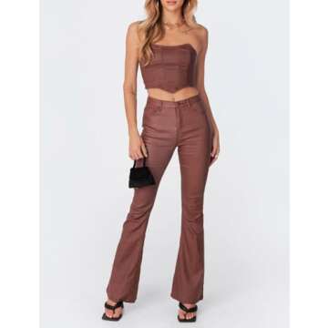 Kodaruber Women Faux Leather Flare Pants PU High Waisted Skinny Bell Bottoms Leggings Trendy Bootcut Pants with Slant Pocket(Light Brown,Small)