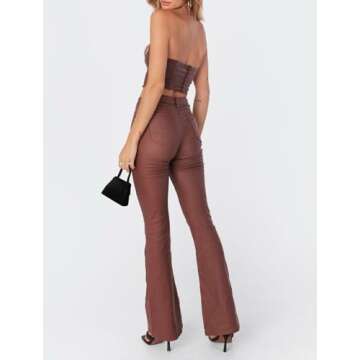 Kodaruber Women Faux Leather Flare Pants PU High Waisted Skinny Bell Bottoms Leggings Trendy Bootcut Pants with Slant Pocket(Light Brown,Small)