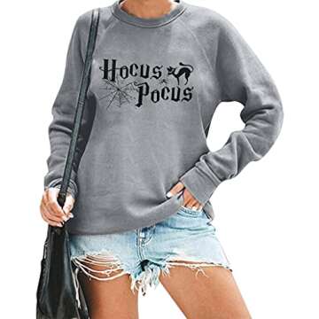 FAYALEQ Women Halloween Hocus Pocus Funny Print Sweatshirt Casual Long Sleeve Pullover Top (Large, Gray)