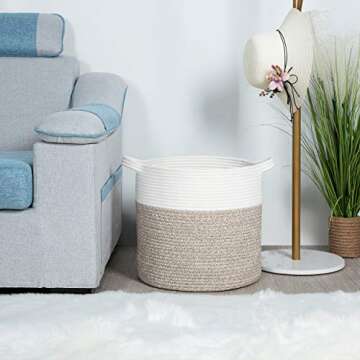 MINTWOOD Design 15 x 14 Inches Decorative Woven Cotton Rope Storage Basket, Stuffed Toy Basket Bin, Laundry Basket, Nursery Basket, Blanket Basket, Dog Toy Basket, Gift Basket, Brown