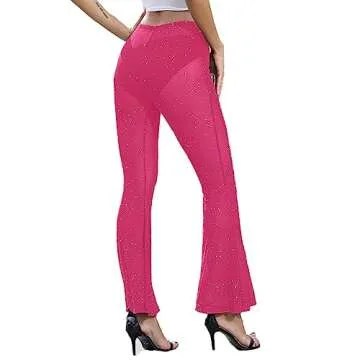 Women Rave Mesh Sheer Pants Flared Bell Bottom Pants for Dance Festival Clubwear(Hot Pink,Large)