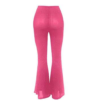 Women Rave Mesh Sheer Pants Flared Bell Bottom Pants for Dance Festival Clubwear(Hot Pink,Large)