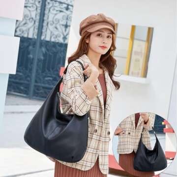 Ashioup Hobo Bags for Women Soft PU Leather Slouchy Bag Black Handbag with Zipper