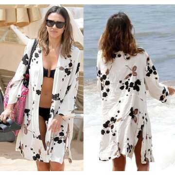 NFASHIONSO Women's Fashion Geometry Print Cover ups Tunic Kimono Cardigan Shawl Black and White