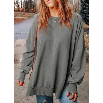 SHEWIN Womens Sweatshirt Casual Long Sleeve Crew Neck Loose Fleece Pullover Tops Lightweight Soft Fall Oversized Sweatshirts for Women,US 16-18(XL),Grey