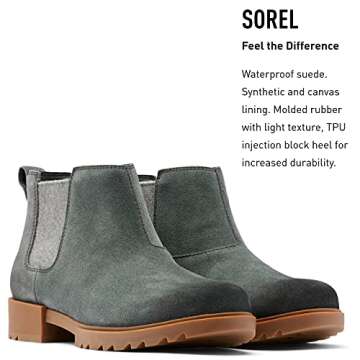 Sorel Women's Emelie II Chelsea Boot — Dark Moss, Gum 10 — Waterproof Leather Rain Boots — Size 10