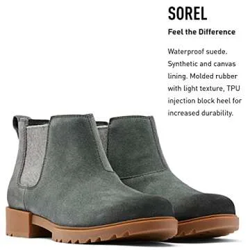 Sorel Women's Emelie II Chelsea Boot — Dark Moss, Gum 10 — Waterproof Leather Rain Boots — Size 10