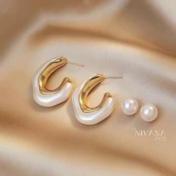 NIVANA 14k Gold Plated 925 Sterling Silver Pearl Earrings For Women, Pearl Hoop Earrings, Pearl Drop Earrings, Pearl Dangle Earrings, Pearl Statement Earrings, Chunky Hoop Earrings (C Hoop -25mm)