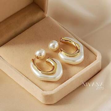 NIVANA 14k Gold Plated 925 Sterling Silver Pearl Earrings For Women, Pearl Hoop Earrings, Pearl Drop Earrings, Pearl Dangle Earrings, Pearl Statement Earrings, Chunky Hoop Earrings (C Hoop -25mm)