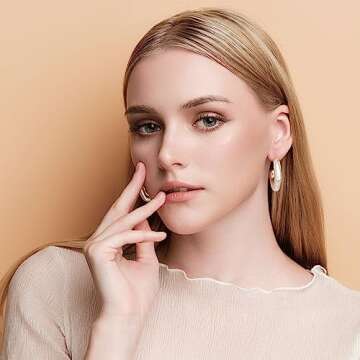 NIVANA 14k Gold Plated 925 Sterling Silver Pearl Earrings For Women, Pearl Hoop Earrings, Pearl Drop Earrings, Pearl Dangle Earrings, Pearl Statement Earrings, Chunky Hoop Earrings (C Hoop -25mm)