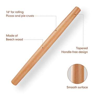 Wood French Rolling Pin for Baking, QUELLANCE Wooden Dough Roller with Silicone Baking Mat, Beech Wo...