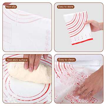 Wood French Rolling Pin for Baking, QUELLANCE Wooden Dough Roller with Silicone Baking Mat, Beech Wood Rolling Pins for Baking Dough, Pizza, Pie, Pastries, Pasta and Cookies,Red Pastry Mat