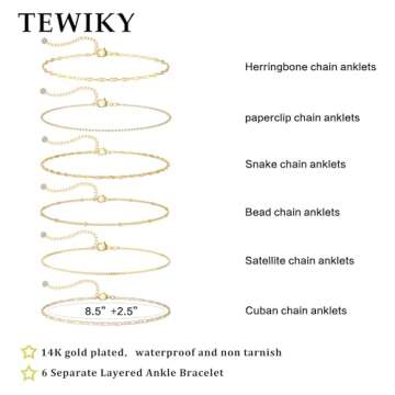 TEWIKY 14K Gold Filled Waterproof Anklets for Women
