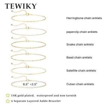 TEWIKY 14K Gold Filled Waterproof Anklets for Women