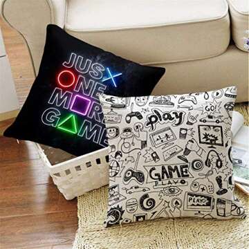 Just One More Game Square Throw Pillow Case Computer Games Doodles Cushion Cover for Game Boys Bedroom Playroom 18"x 18", 4 Pack