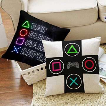 Just One More Game Square Throw Pillow Case Computer Games Doodles Cushion Cover for Game Boys Bedroom Playroom 18"x 18", 4 Pack