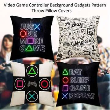 Just One More Game Square Throw Pillow Case Computer Games Doodles Cushion Cover for Game Boys Bedroom Playroom 18"x 18", 4 Pack