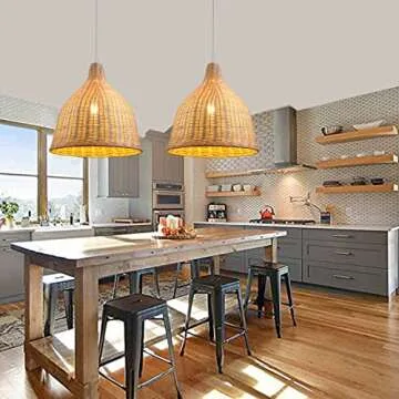 UShe DHome Rattan Pendant Lights Wicker Hanging Lamp Farmhouse Hand-Woven Wicker Pendant Lights, D14.6 Natural Materials Bamboo Hanging Lights for Dining Room Kitchen Island Living Room