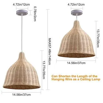 UShe DHome Rattan Pendant Lights Wicker Hanging Lamp Farmhouse Hand-Woven Wicker Pendant Lights, D14.6 Natural Materials Bamboo Hanging Lights for Dining Room Kitchen Island Living Room