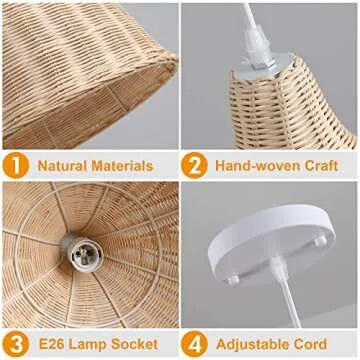UShe DHome Rattan Pendant Lights Wicker Hanging Lamp Farmhouse Hand-Woven Wicker Pendant Lights, D14.6 Natural Materials Bamboo Hanging Lights for Dining Room Kitchen Island Living Room