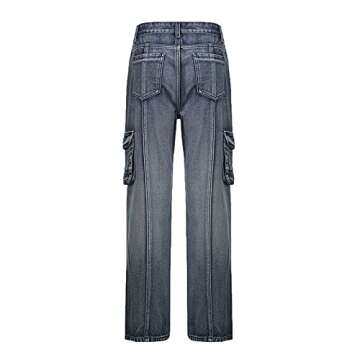 Women Y2K Jeans Low Waist Retro Vintage Straight-Leg Denim Cargo Pants Trousers Big Pockets 90S Harajuku Streetwear (Gray, Medium)