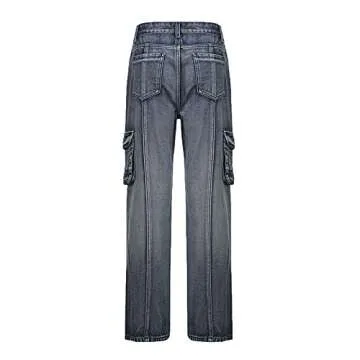 Women Y2K Jeans Low Waist Retro Vintage Straight-Leg Denim Cargo Pants Trousers Big Pockets 90S Harajuku Streetwear (Gray, Medium)
