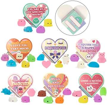 JOYIN 28 Packs Valentine Glow in The Dark Mochi squishy toy Party Favors with Valentine Heart Boxes for Kids Kawaii Classroom Exchange, Party Gifts Stress Relief Toys Valentine Classroom Prize