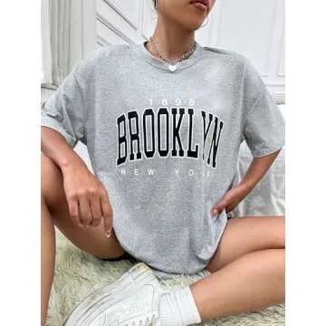 SOLY HUX Women's Graphic Oversized Tees Letter Print Summer Tops Vintage Half Sleeve Loose Casual T Shirts Grey and Black L