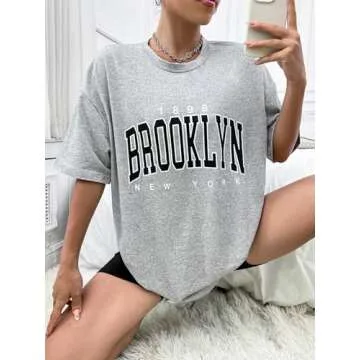 SOLY HUX Women's Graphic Oversized Tees Letter Print Summer Tops Vintage Half Sleeve Loose Casual T Shirts Grey and Black L