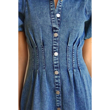 KDF Summer Denim Dress for Women Puff Sleeve Casual Style