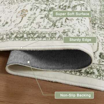 LIVEBOX Washable Runner Rug 2x6 - Vintage Tribal Kitchen Rug Runner Long Entryway Rug, Low-Pile Vintage Rug for Bedroom, Non-Skid Soft Carpet Throw Rug for Bathroom Laundry Room Hallway Sage