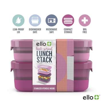Ello 2-Pack Lunch Stack Plastic Food Storage Container Bento Box with Airtight, Leak-Proof Locking Plastic Lids and Silicone Base, BPA-Free, Freezer, Microwave, and Dishwasher Safe, Raspberry