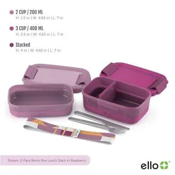 Ello 2-Pack Lunch Stack Plastic Food Storage Container Bento Box with Airtight, Leak-Proof Locking Plastic Lids and Silicone Base, BPA-Free, Freezer, Microwave, and Dishwasher Safe, Raspberry