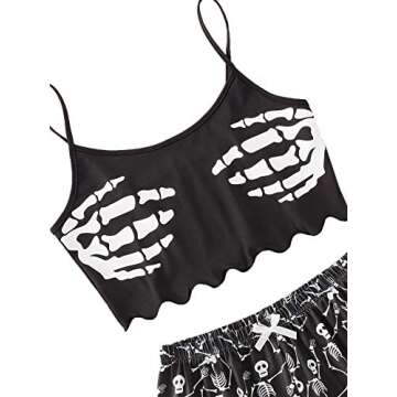 SOLY HUX Women's Cute Cartoon Print Lettuce Trim Cami Top and Shorts Cute Pajama Set Sleepwear Black Skull S