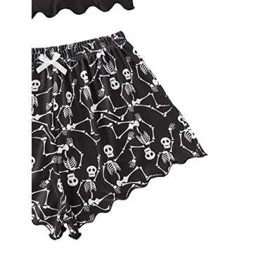 SOLY HUX Women's Cute Cartoon Print Lettuce Trim Cami Top and Shorts Cute Pajama Set Sleepwear Black Skull S
