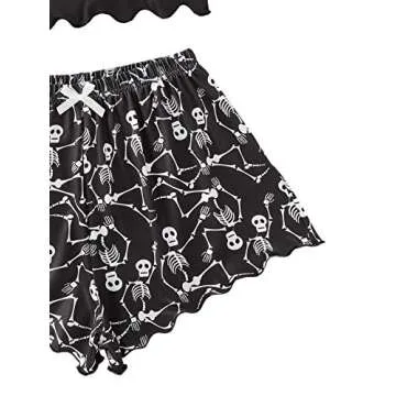 SOLY HUX Women's Cute Cartoon Print Lettuce Trim Cami Top and Shorts Cute Pajama Set Sleepwear Black Skull S